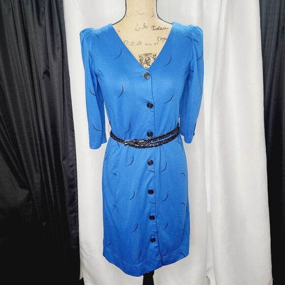 Vintage 80s Cobalt Blue Black Abstract Print Mini Puff Sleeve Punk Dress - Picture 1 of 14